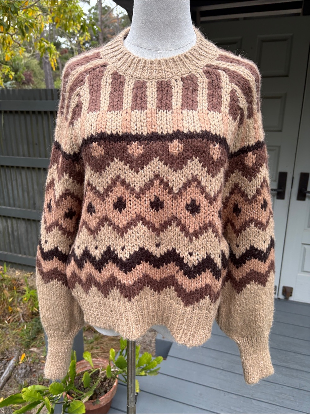 Anthropologie Cozy Knit Fair Isle Sweater in Beige and Brown Geometric Pattern